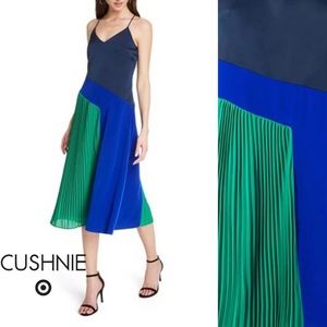 CUSHNIE Target Pleated Midi Dress Green Blue